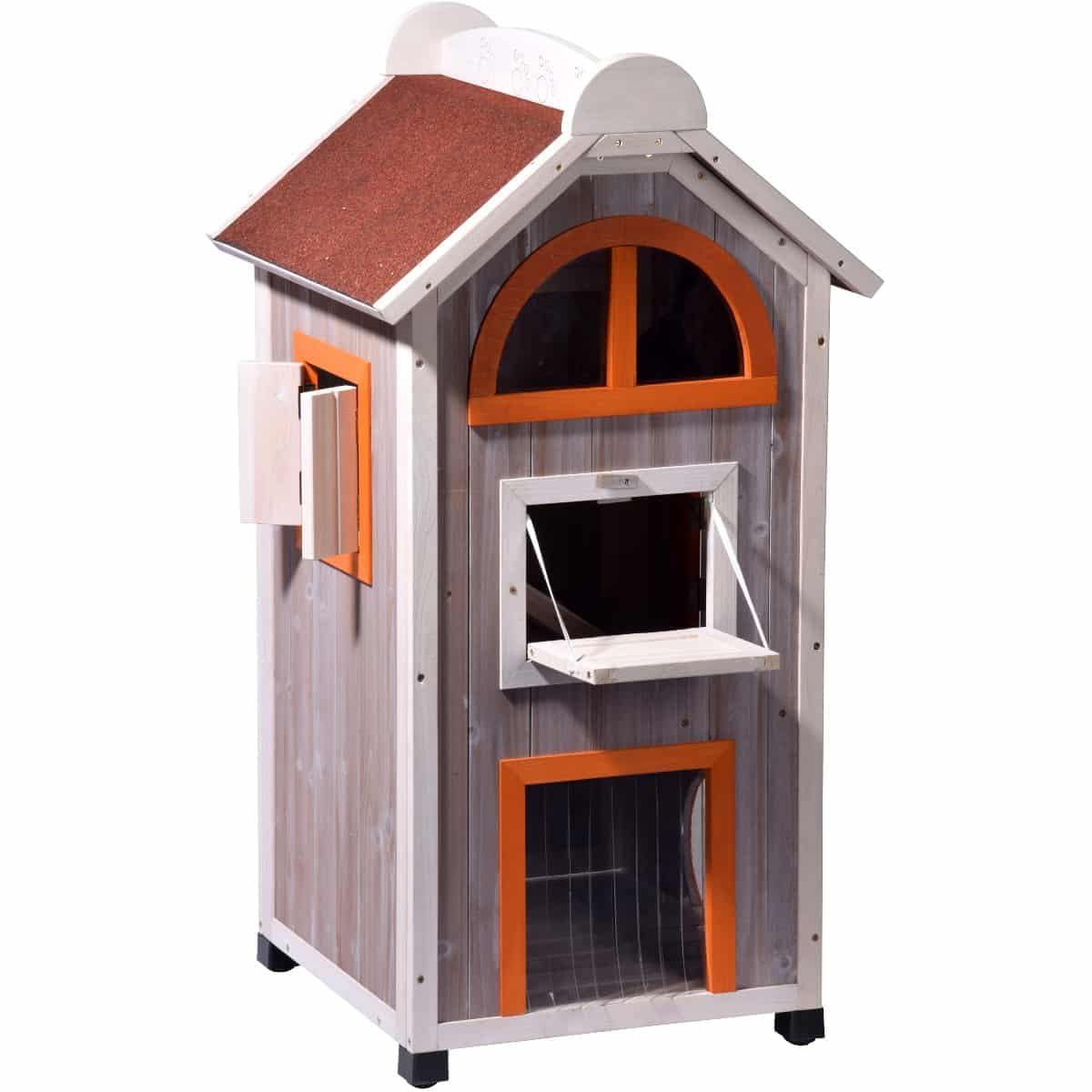 dobar® 55018FSC Katzenhaus "Fancy Cat" - Katzenhütte aus lasiertem Massivholz - Katzenhöhle inkl. Hängematte - Großer Katzenturm für drinnen & draußen - 58 x 55 x 109 cm