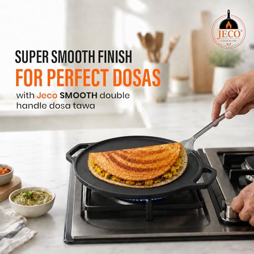 Image of Cast Iron Dosa Tawa with Dual Grip Handles | Pre-Seasoned Non-Stick Iron Tawa for Dosa /Chilla /Roti | Heavy Duty Non-Toxic Cookware | Gas Stove & Induction Compatible | Black, 30cm, 2.2kg