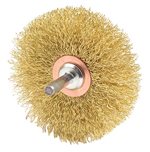 Image of Weiler 17641 Crimped Wire Wheel, 3 inch Stem-Mounted, 0.118 inch Brass Fill, 1 /4 inch Stem, Made in the USA (Pack of 10)