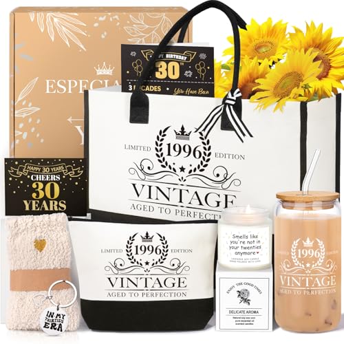 Image of iAOVUEBY 30th Birthday Gifts for Women, Cool Gifts for 30 Year Old Woman, Thirty Birthday Canvas Tote Bag Tumbler Candle Gift Basket Ideas Daughter Mom Sister Friend Wife Coworkers