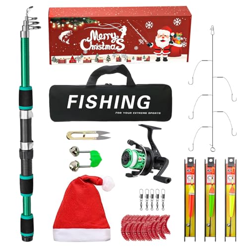 Juego de pesca de Navidad - pesca de mar al aire libre, caña de pescar para principiantes con carrete, para lagos arroyos de ríos estanques tanques pescadores niños adultos