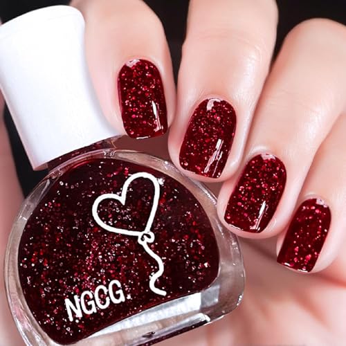 Red Glitter Nail Polish, Nail Varnish Quick Dry, Sparkly Wine Red Burgundy Nail Polish Gel - No UV Lamp Needed for Fast Drying, Perfect for Home Manicure and DIY Nails Art