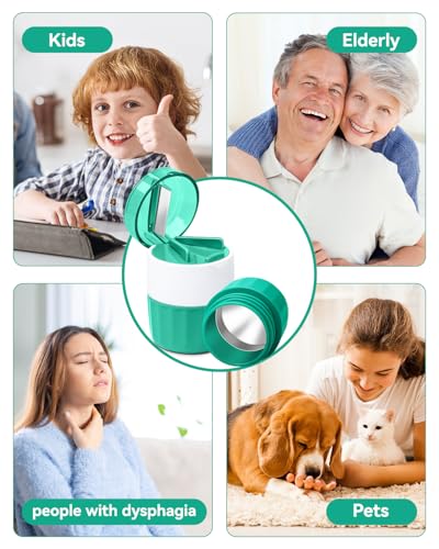 Image of Pill Crusher Fine Powder, Pill Grinder & Cutter, Storage Box, Cyan | Stainless Steel Pestle, Pill, Vitamins, Tablets, Crusher for Elderly, Pets, Easy to Use, Crushes Medications into Fine Powder
