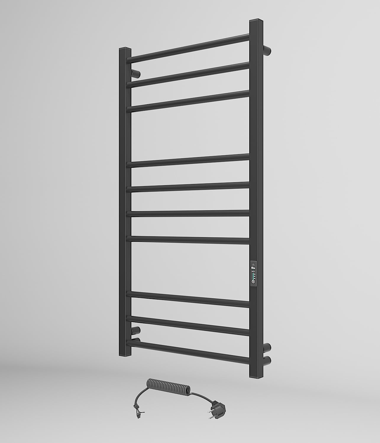 Elna Elektryczny grzejnik na ręczniki, czarny, 180 W, 1010 x 530 mm, do hoteli, studia i mieszkań wynajmowanych, stal nierdzewna, matowa, z timerem i termostatem, IP44, montaż ścienny