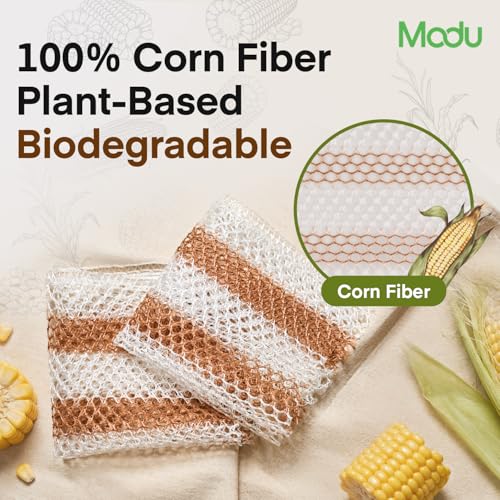 Image of Modu 6 Pack EcoCorn Dish Sponges Scrubbers - 100% Corn Fiber, Biodegradable Kitchen Scrub Pads for Multipurpose Household Cleaning, Odor-Free, Plastic-Free Kitchen Mesh Net (Thin & Foamy 6 Count)