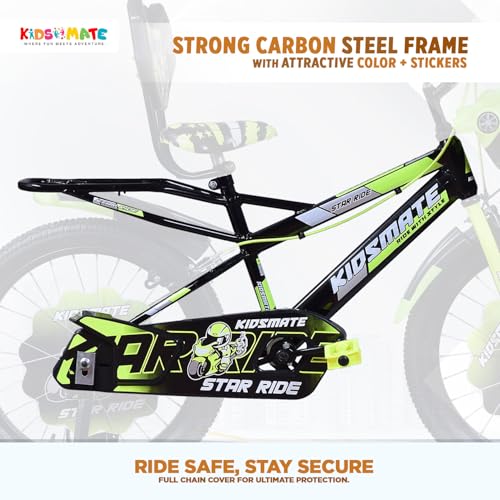 Image of Kidsmate Star Ride 20T Kids Bicycle with Training Wheels | Cycle for Kids Featuring Front Basket, Adjustable Seat & Strong Steel Frame | Perfect First Ride Kids Cycle for 7-10 Years - Neon Green