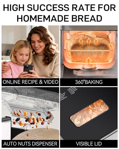Image of MERIOR 25-IN-1 Bread Maker with Visible Lid | 2lb Automatic Machine, Auto Nut Dispenser, 13-Hour Delay Timer, One-Touch Control & Recipes - Easy Operation, High Success for Homemade Bread. Light Gray