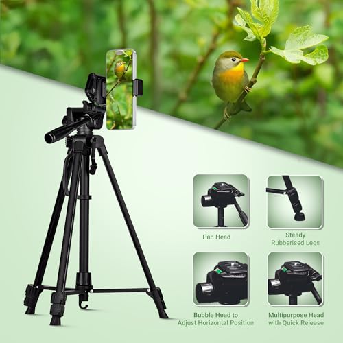Image of Digitek (DTR 490 LW) Foldable Tripod Stand with Smartphone Holder, Pan Head & Quick Release Plate, 4.92ft Max Height, 4kg Load, Rubberised Legs, 3-Section Adjustable for DSLR & Smartphones