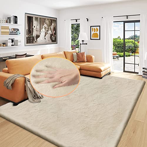 Washable Area Rug 6x9 Rugs for Living Room Camel Plush Faux Bunny Fluffy Fur Rugs for Bedroom Large Shag Nursery Rugs
