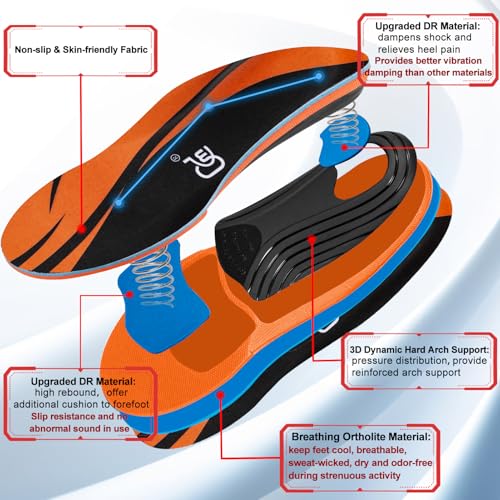 Image of Plantar Fasciitis Insoles, High Arch Support Insoles, Heavy Duty Orthotic Shoe Inserts for All Day Walking, Standing (Men 7-7.5 / Women 8-8.5(250mm), Orange-Enhanced)