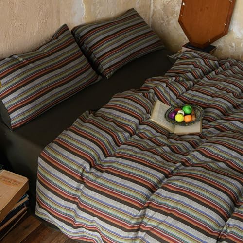 Image of VM VOUGEMARKET Multicolor Striped Duvet Cover Set King, 100% Cotton Double Layer Gauze Bedding Set,Retro Style Bohemian Striped Quilt Cover with Zipper Closure