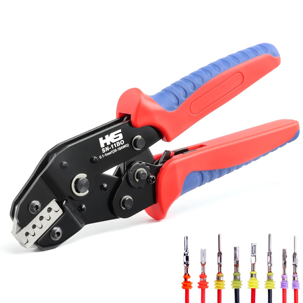HKS Crimping Tool for AWG 28-18 (0.1-1mm²) Delphi APTIV Terminals, Metri-Pack 150/280/630, APEX 2.8 & AMP Superseal 1.5 - SN-11BO Dual Crimp (Conductor+Seal) with One-Cycle Chrome-Moly Jaw