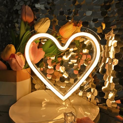 Image of Britrio Heart Neon Light Sign, Warm White Neon Heart Light Sign for Bedroom Girl Dorm Classroom Wall Decor Birthday Party Wedding Valentines Day Proposal Anniversary Battery Operated or USB Powered