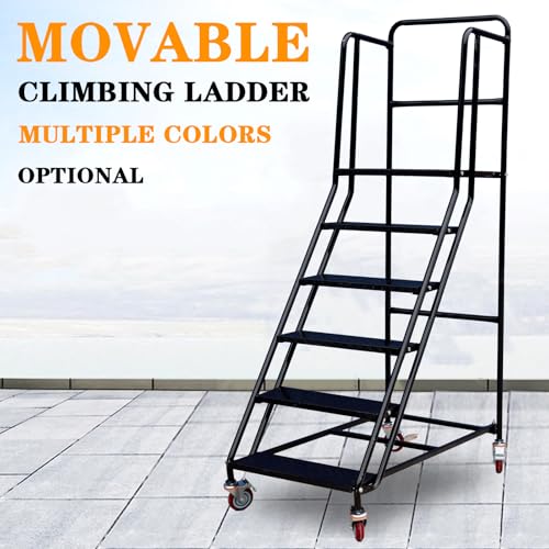 Image of 6 Step Rolling Ladder - Mobile Rolling Stairs with Wheels, Heavy Duty Industrial Safety Non-Slip Metal Rolling Ladders, 880lbs Capacity, for Warehouse, Garage, Supermarket
