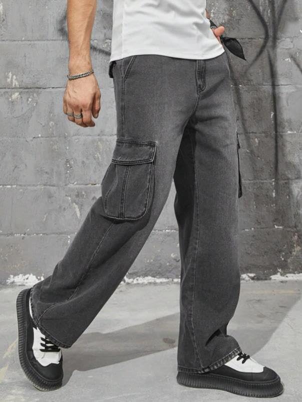 Image of KOTTY Men's Loose Fit Cargo Denim Jeans - Vintage Washed Utility Jeans with Side Pockets