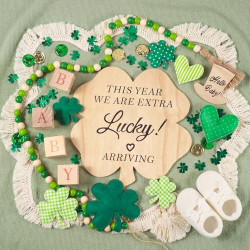 Fiwochic 15 Pcs St. Patrick's Day Pregnancy Announcement Set Shamrock Baby Reveal Ideas Wooden Four Leaf Clover Sign Wood Block Prop Felt Shamrocks Confetti Decor for Gender Reveal Baby Shower