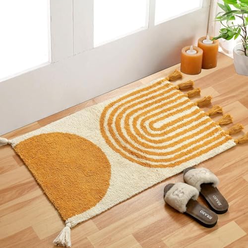 Gavi Enterprise Soft Cotton Bath Mat for Bathroom Tufted Design with Tassels Rainbow Pattern Anti Slip Bath Mat Non Slip Bath Mat Kitchen Bedroom Pooja Room Anti Skid Mat (Rainbow Mat)
