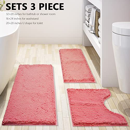 Image of Bathroom Rugs Chenille 3-Piece Extra Soft and Absorbent Shag Bathroom Rugs, Machine Wash Mat, Strong PVC Non-Slip Underside, Plush Carpet Mats (Pink)