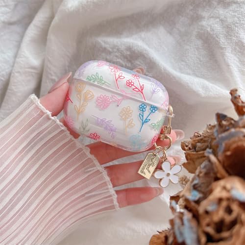 Image of MINSCOSE Compatible with AirPods Pro2 Clear Case,Cute Flower Floral Aesthetic Design with Flowers Keychain, Soft TPU Protective Shockproof Case for Women Girl for Airpods Pro2-Color