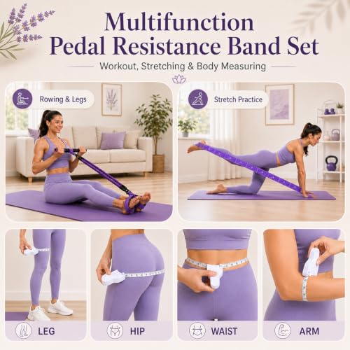 Image of Multifunction Pedal Resistance Band with Handle, Stretch Band, Tape Measure | Adjustable 3x30LB Rubber Exercise Bands, Home Gym for Full Body Workout, Abs Core Waist Arm Leg, Pilates and Physical Therapy