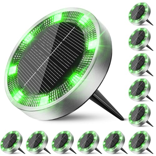 Peasur Solar Ground Lights Outdoor 12 Pack Flat Solar Powered Disc Lights IP68 Waterproof Anti-Rust Landscape Lighting for Pathway Garden Yard Lawn Walkway Landscape Driveway Green
