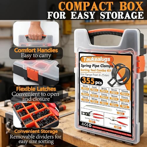Image of 355PCS 17 Sizes Spring Band Hose Clamps Assortment with Two Pliers Tool