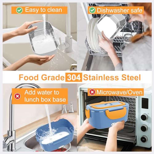 Image of HOLDRUBY Heated Lunch Boxes for Adults, 80W Electric Lunch Box Food Heated 12 /24 /110V 1.5L Heatable Lunch Box for Car /Truck Leak-Proof Removable Stainless Steel Container, Fork & Spoon, Bag