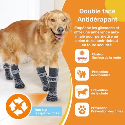 GYURO 2 Paar rutschfeste Hundesocken mit weichem Pfotenschutz und verstellbarem Klettverschluss für den Innenbereich (Grau, L)