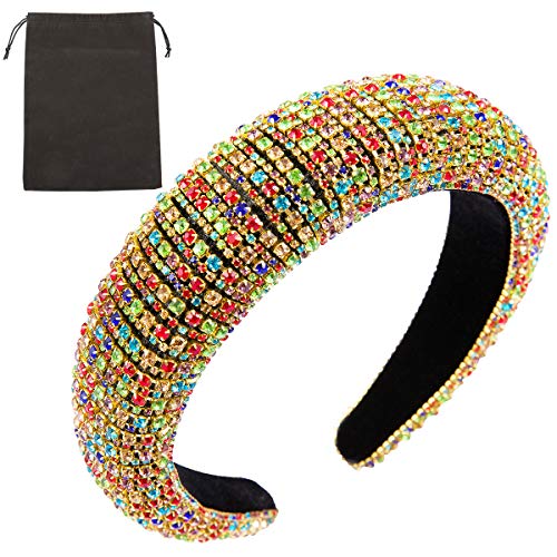 Bejewelled Wide Multicolor Rhinestone Baroque Headband - Velvet Padded Baroque Rhinestone Headwear Crystal Party Wedding Headpiece for Women and Girls
