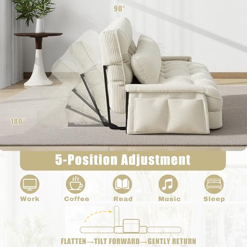Image of 5-Position Adjustable Floor Sofa Couch,Multi-Functional Bean Bag Bed,Foldable Lazy Sofa Sleeper Bed with Armrest,Ideal for Reading and Playing (Beige)