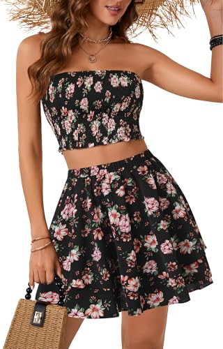 Rooscier Women's 2 Piece Floral Print Sleeveless Tube Crop Tops and Ruffle Layered Mini Skirt Set