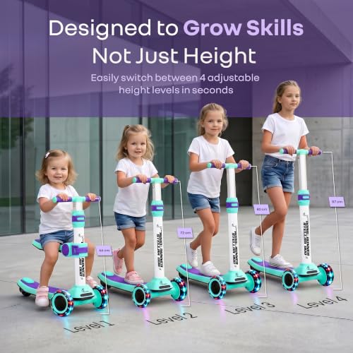 Image of R for Rabbit Road Runner Stellar Duo 2-in-1 Kids Kick Scooter with Foldable & Detachable Ride-On Seat, 4-Level Adjustable Height, LED PU Wheels for Boys & Girls 3+ Years, Up to 75 kg (Green Purple)