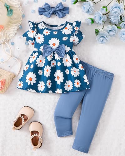 Image of Doresbebe Baby Girl Clothes Toddler Girl Outfits Infant Girl Summer Clothes for Girl Ruffle Shirt Pants+Cute Headband 3PCS