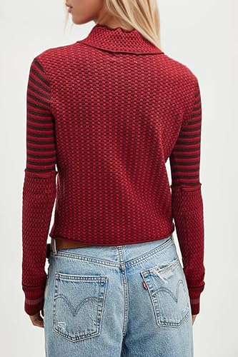 Image of MISSACTIVER Women Casual Long Sleeve Mock Neck Plaid Sweaters Color Block Slim Fit Knitted Pullovers Tops Fall Winter 2024