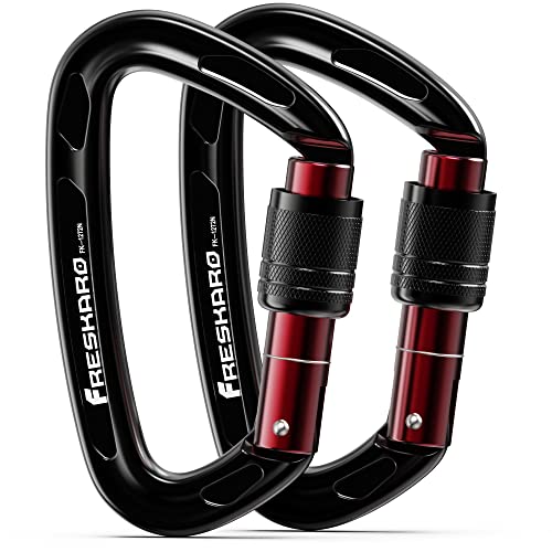 FresKaro Karabiner schwarz, Kletterhaken, Schraubverschluss, Auto-Close, Schraubverschluss, Kletterkarabiner zum Abseilen, Hundeleinen, groß, extra stark 2550kg, 2 Stück