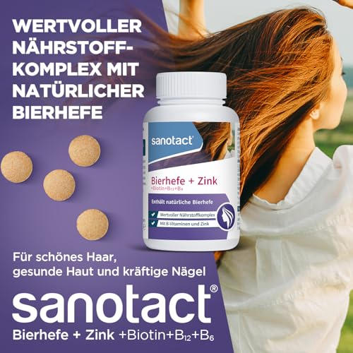 Sanotact Bierhefe + Zink Tabletten – 180 Stück | Für Haut, Haare & Nägel | Vitamin-Komplex mit Bierhefe, Zink, Biotin, Vitamin B12, B6 & Vitamin C | 100% Vegan