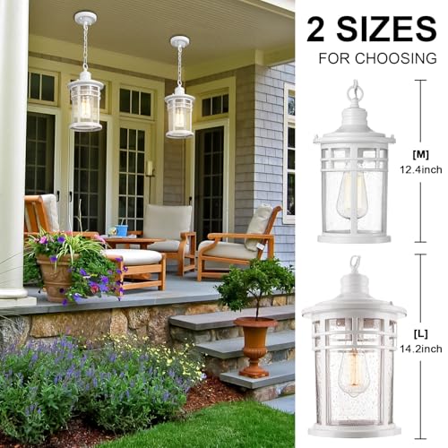 Image of Darkaway Outdoor Pendant Lights for Porch, Outdoor Chandelier Hanging Porch Lights Ceiling Mount Aluminum with Seeded Glass for Front Porch Gazebo Patio (Medium, White)