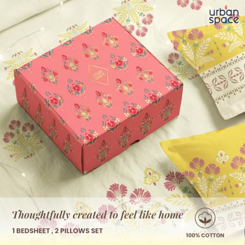 Image of Urban Space Festive Gifting Set- 100% Cotton Bedsheet for Double Bed, Floral Bed Sheet with 2 Pillow Covers Gift Set in Gift Box, 88 inch x 100 inch, Malhaar Mustard | Diwali, Festive & Housewarming Gift