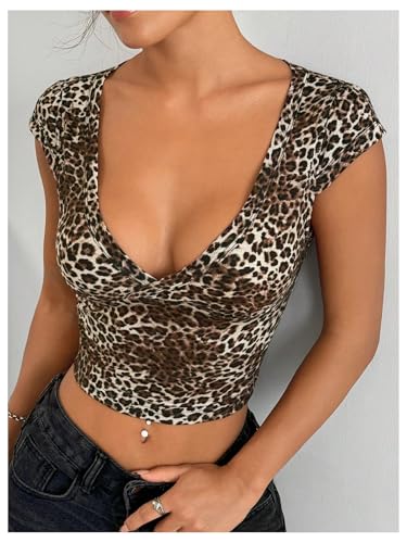 Floerns Women's Leopard Print Cap Sleeve T Shirts V Neck Y2k Crop Top Tee Shirts4