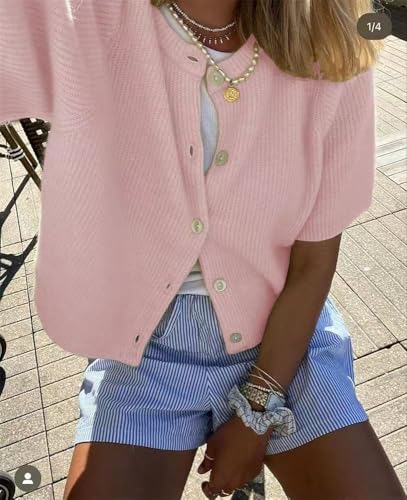 Image of Sumleno Womens Ribbed Knit Cardigan Y2k Crop Top Short Sleeve Button Down Open Front Sweater Loose Casual Cardigan