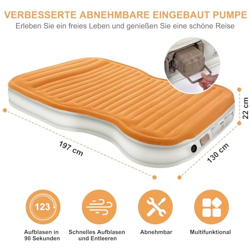 KMZ SUV-Luftmatratze mit eingebauter Pumpe und 2 Kissen, Dickes flockiertes PVC, schnelle 90-Sekunden-Inflation, tragbare und langlebige Auto-Luftmatratze für Camping, Reisen, LKW