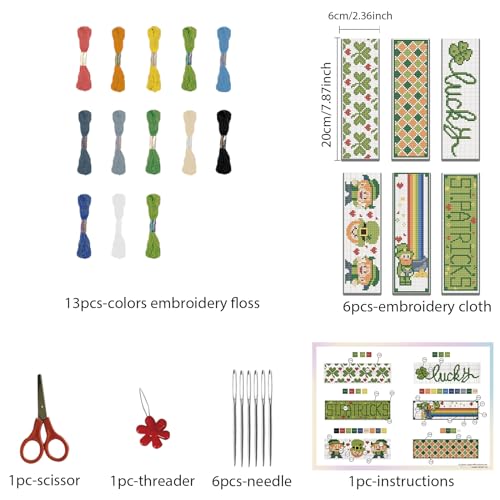 Image of FREEBLOSS 6 Set Cross Stitch Kits - St. Patrick's Day Themed Punch Needle Kit for Beginners - Bookmark Making Gift