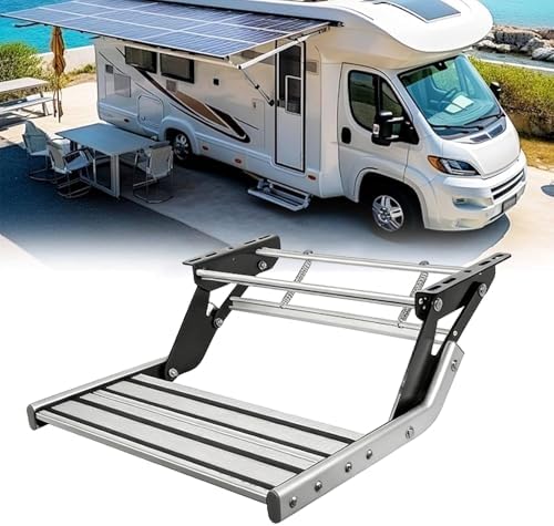 Heavy Duty Manual Folding RV Steps with Optional 12V LED Light - 200KG Capacity, Widened Anti-Slip Aluminum Platform, Durable & Safe for Easy Access
