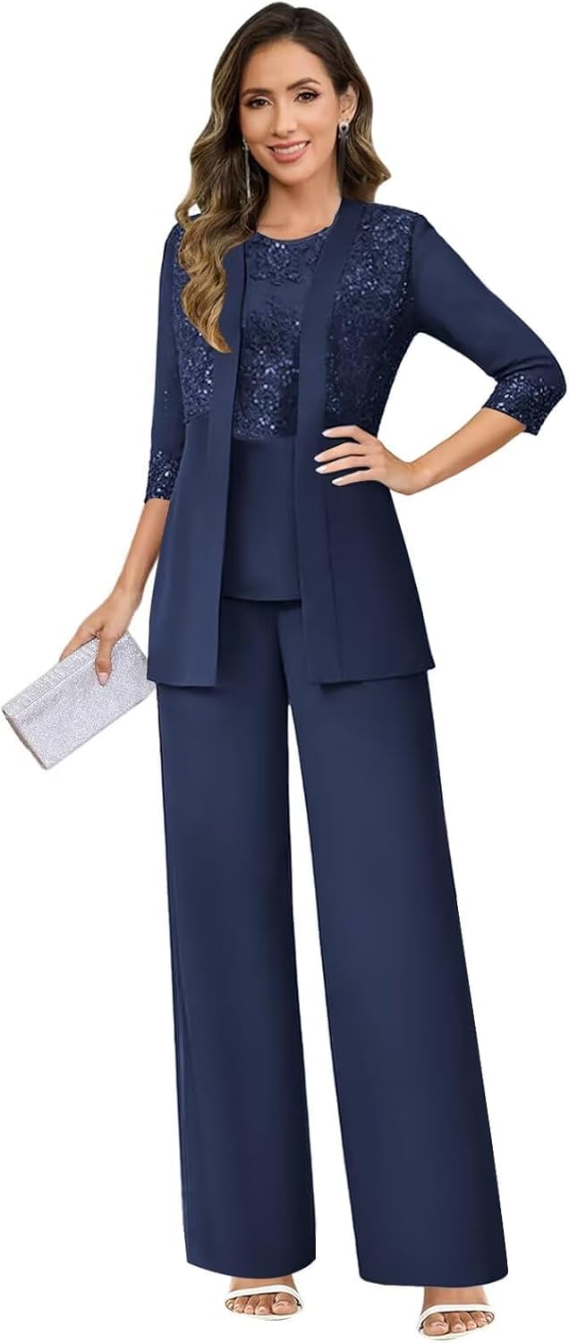 Damen Festlich Hosenanzug 3-Teilig Chiffon Brautmutter Abendanzug Mutter Der Braut Anzug Set Mit Jacke
