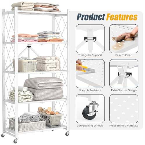 Image of 5-Tier Folding Metal Storage Rack - 63 inch Heavy-Duty Steel Frame with Wheels, No Assembly Utility Organizer, Rolling Shelving Unit for Kitchen, Garage, Pantry, Bedroom (White, 5 Tier)