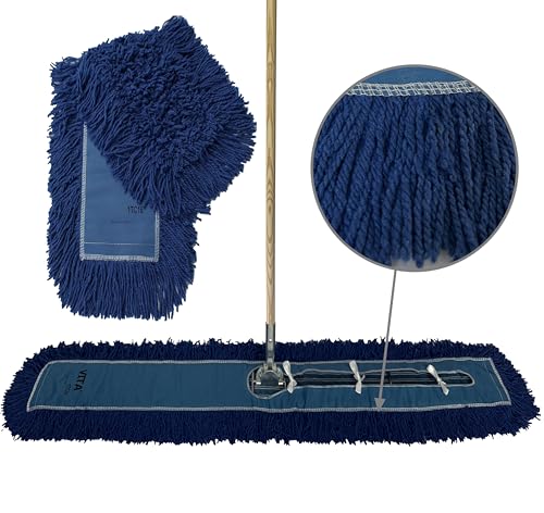 Industrial Dust Mop Kit – Includes 60 Inch Blue Twisted Closed Loop Mop Head, Wood Handle, and Heavy-Duty...