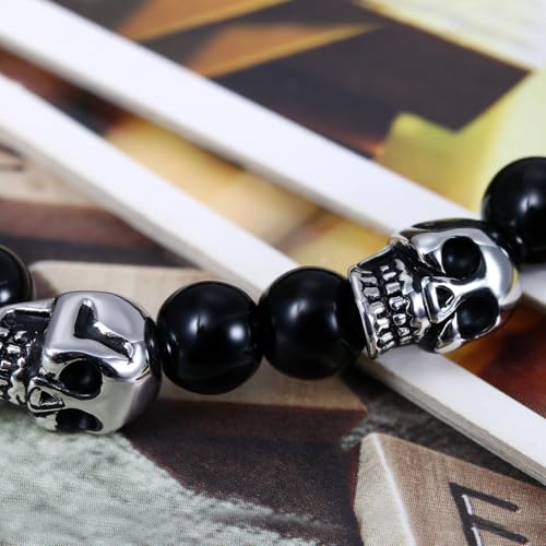 Flongo Men's Biker Stainless Steel Skull Skeleton 8MM Black Bead Stone Bracelet4