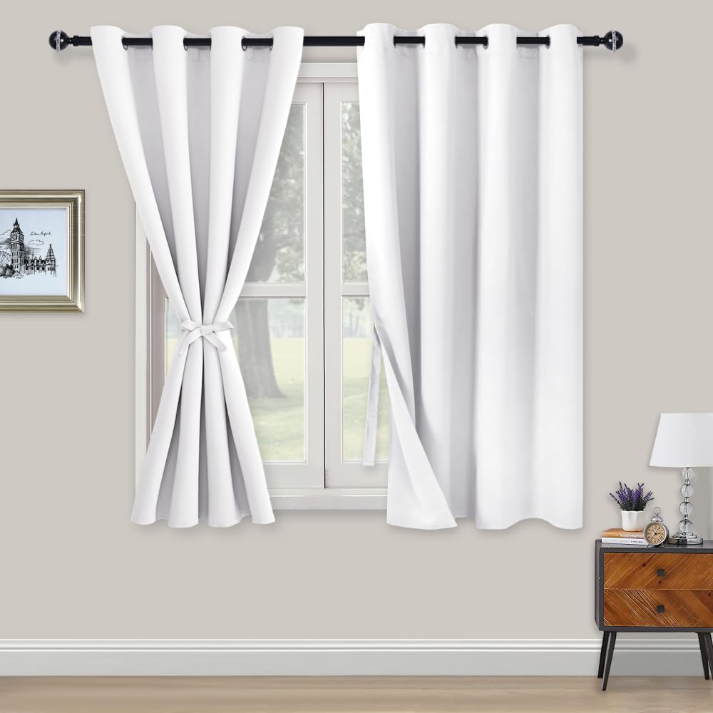 XWZO Blackout Curtains Shades Window Curtain Panels with Tiebacks- Noise Reduction and Thermal Insulated Eyelet Curtains for Bedroom,Living Room,Office,Study Room Greyish White W52xL54