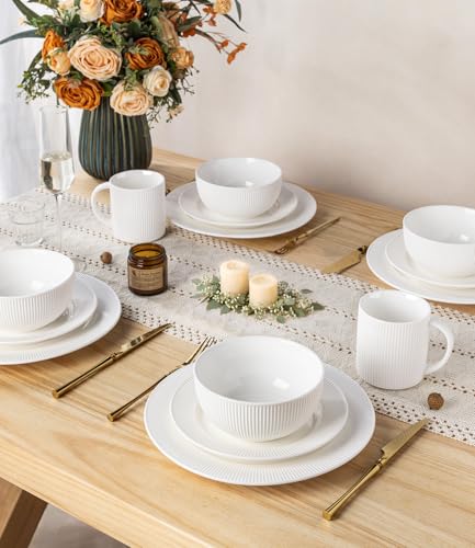 Image of TheTerra Stoneware Dinnerware Sets for 4, 12 Pieces Ceramic Plates and Bowls Sets, Scratch Resistant Embossed Dish Set, Oven, Microwave & Dishwasher Safe, Bright White