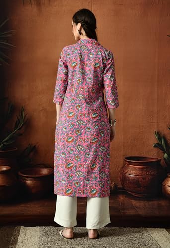 Image of Amazon Brand - Tavasya Women Ethnic Motifs Printed 3 /4th Sleeve Kurta | Straight Fit Shirt Collar Salwar | Everyday Ethnic Wear